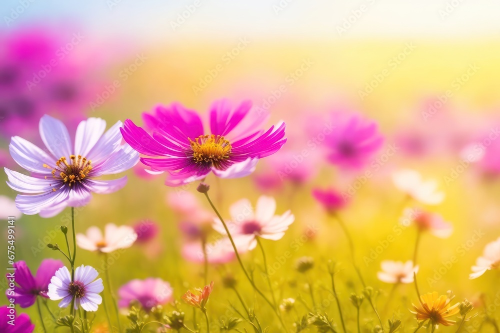 Field of colorful cosmos flower and butterfly. ai generative Field of colorful cosmos flower and butterfly. ai generative