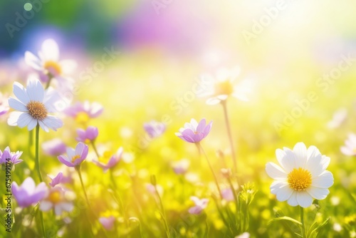 Flower field in sunlight spring background. ai generative