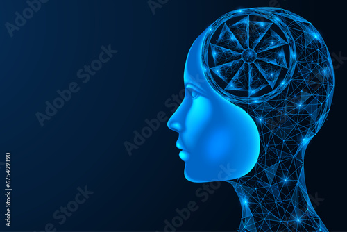 Artificial intelligence with a human face. Polygonal design of interconnected elements. Blue background.