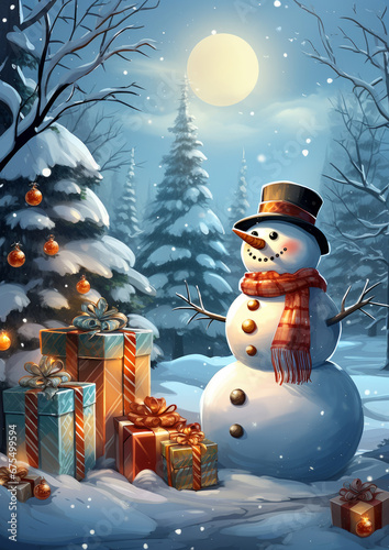 Winter scene with a cute snowman and a bunch of podaks in a snowy forest. Christmas greeting card in vintage style.