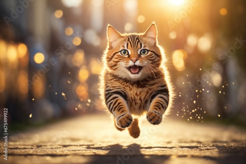 Happy cat jumping with funny expression. ai generative
