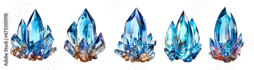 Set of blue tapered crystals. Glassy, crystal stones. isolated cutout on transparent background