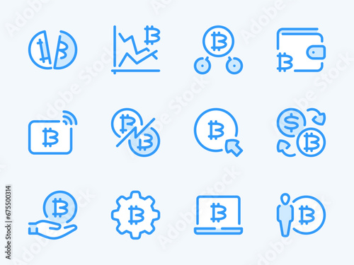 Bitcoin and Crypto vector line icons. Cryptocurrency outline icon set. Halving, Wireless Payment, Transfer, Exchange, Trade Market, Wallet and more.