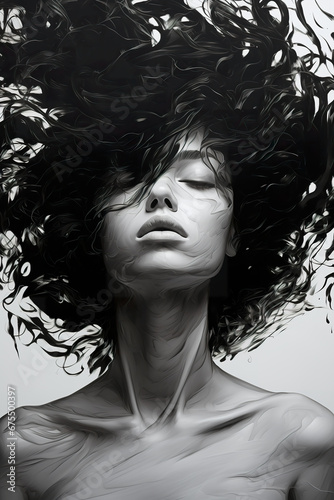Gorgeous woman portrait, artistic illustration in black and white, artistic poster