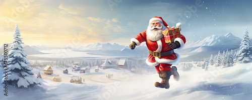 Santa Claus running with gifts boxes