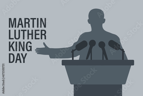 Martin Luther King Jr. Day greeting card design. MLK Day. Silhouette of a politician on a podium with microphones. Vector