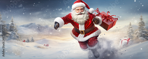 Santa Claus running with gifts boxes