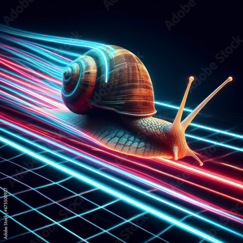 Fast snail racing with light trail, showing high speed on neon race track. ai generative
