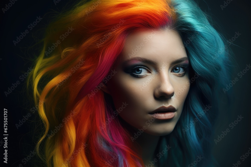 Beautiful woman with colorful hair and makeup. Beautiful face.