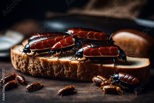 Abstract composition of poverty. cockroaches on bread photo