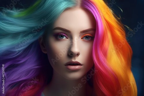 Beautiful woman with colorful hair and makeup. Beautiful face.