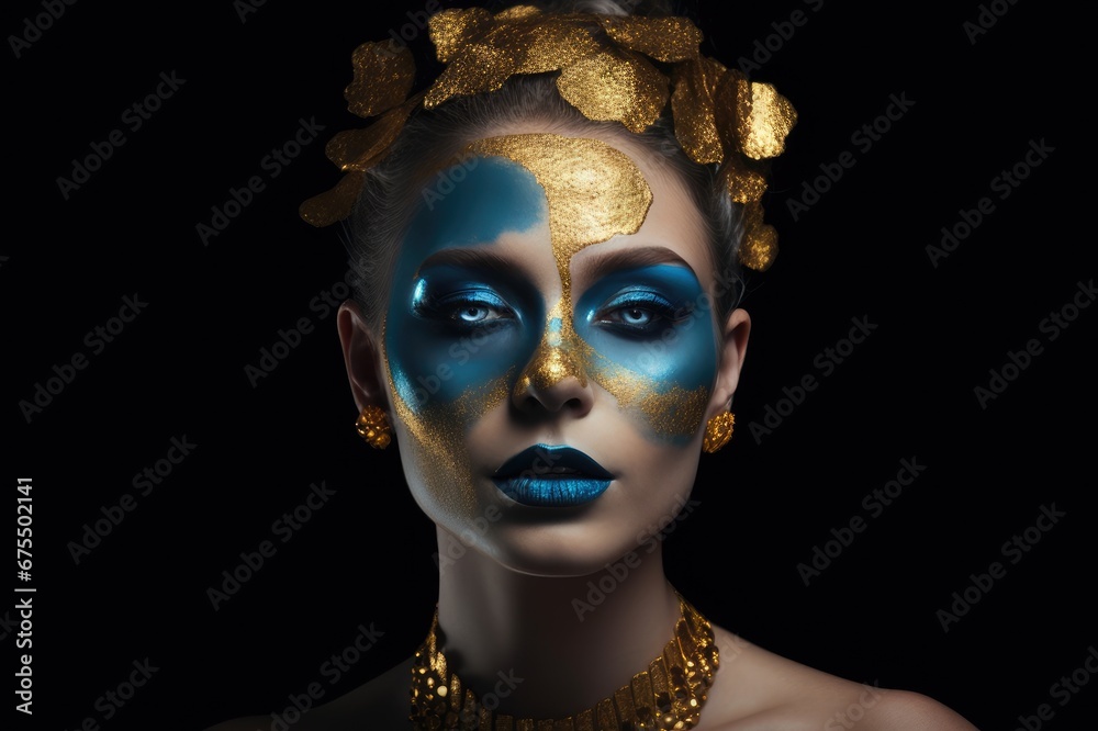 fashion portrait of a blue-skinned girl with golden make-up. Beautiful face. fashion and beauty. fashion portrait of a blue-skinned girl with golden make-up. Beautiful face. fashion and beauty.
