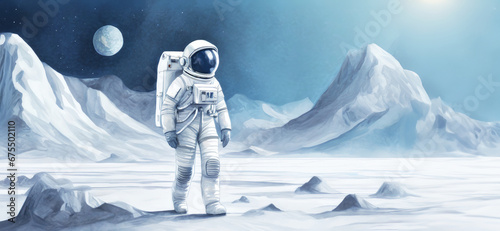 illustrazione di astronauta nella tuta spaziale che cammina sulla superficie diun pianeta ghiacciato photo