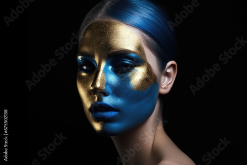fashion portrait of a blue-skinned girl with golden make-up. Beautiful face. fashion and beauty.