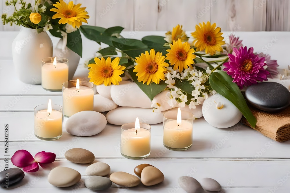 Composition of flowers, candles and stones on white wooden background,