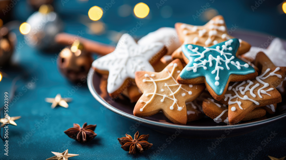 Christmas cookies on a plate against a blue background Christmas cookies on a plate against a blue background