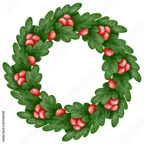 Merry Christmas with berry wreath watercolor. Christmas wreath winter floral