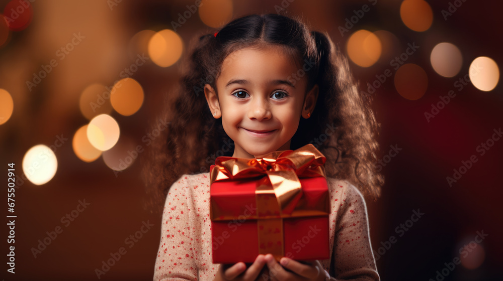 A joyful child with curly hair, dressed in red, holds a Christmas gift with a sparkling bokeh light background. A joyful child with curly hair, dressed in red, holds a Christmas gift with a sparkling bokeh light background.