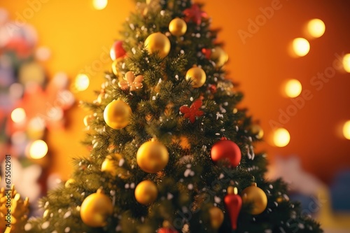 Christmas concept.interesting christmas tree on yellow background. Generative AI