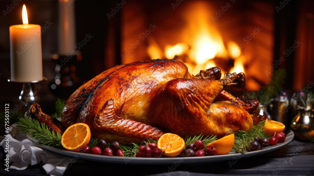 A golden roasted turkey garnished with rosemary, cranberries, and orange slices is presented on a platter, accompanied by wine, candles, and a festive setting. A golden roasted turkey garnished with rosemary, cranberries, and orange slices is presented on a platter, accompanied by wine, candles, and a festive setting.