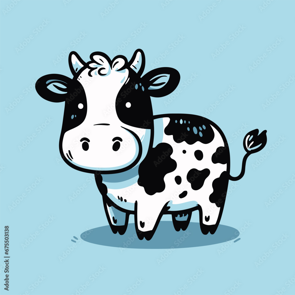 Set of three various cute Cows. Black and white colors. Hand drawn colored trendy Vector illustrations. Funny characters. Cartoon style. Isolated on blue background Set of three various cute Cows. Black and white colors. Hand drawn colored trendy Vector illustrations. Funny characters. Cartoon style. Isolated on blue background
