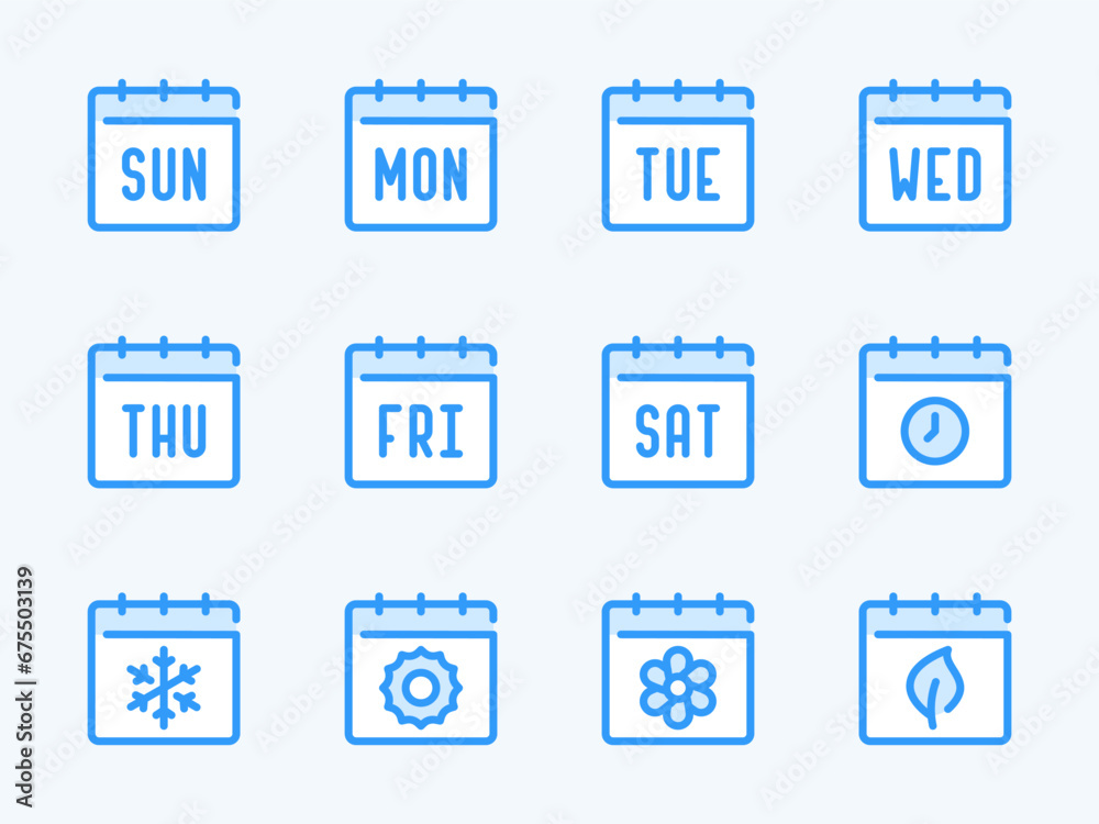 Days of the week and Seasons vector line icons. Calendar, Schedule ...