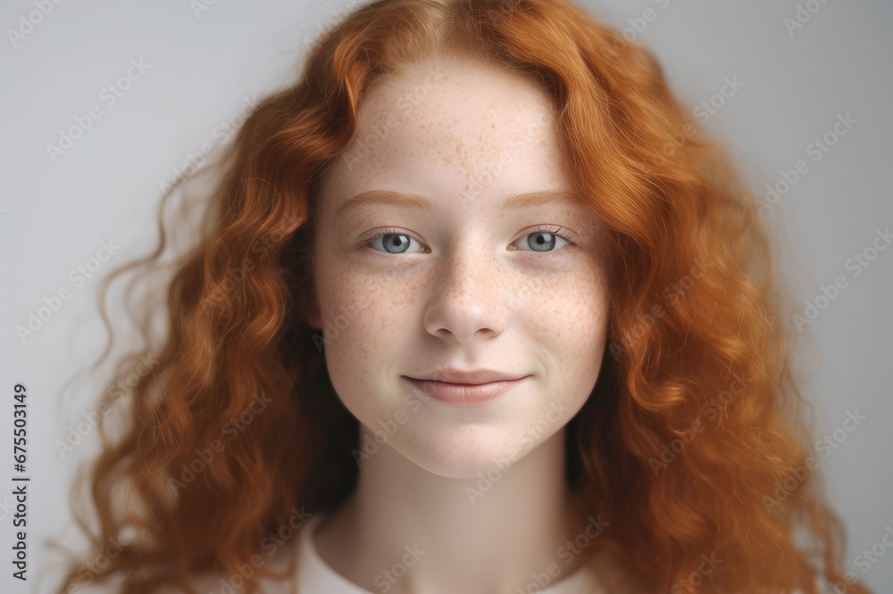 Naklejka premium portrait of a young red-haired girl on a white background.beautiful young girl with red hair. generative AI