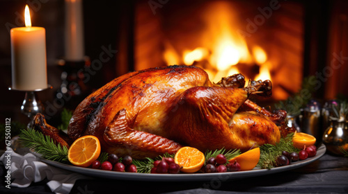 A golden roasted turkey garnished with rosemary, cranberries, and orange slices is presented on a platter, accompanied by wine, candles, and a festive setting.
