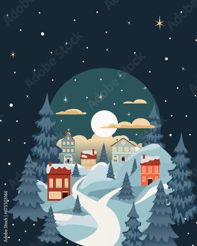 Winter landscape in flat style. The Christmas landscape. Vector illustration