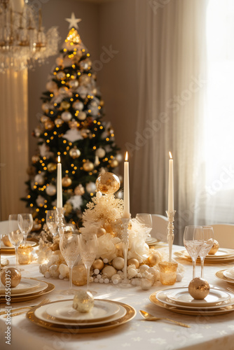 Elegant christmas celebration with glittering candle lights by the cozy dinner table. With copyspace.