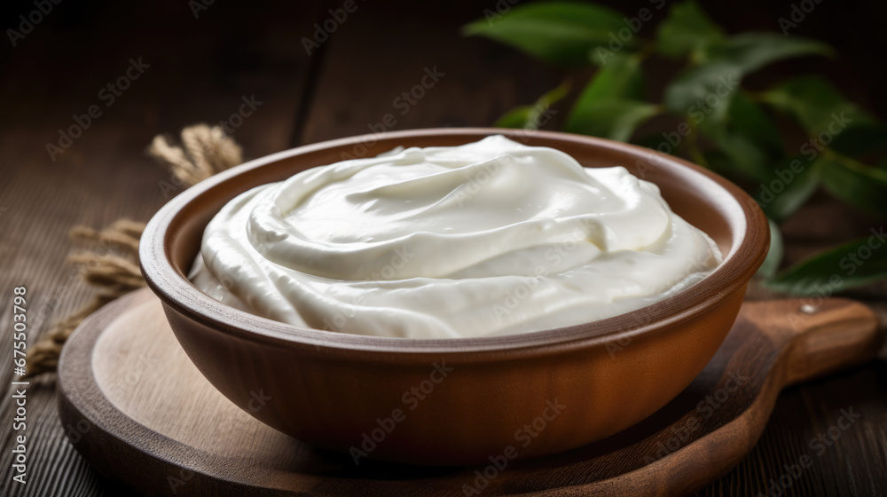 A luscious, smooth white cream is showcased in a wooden bowl, highlighting its glossy texture and rich consistency.