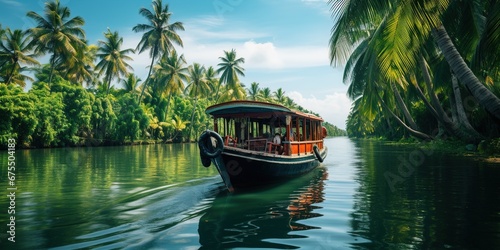 A boat on a river with palm trees in the background. photo