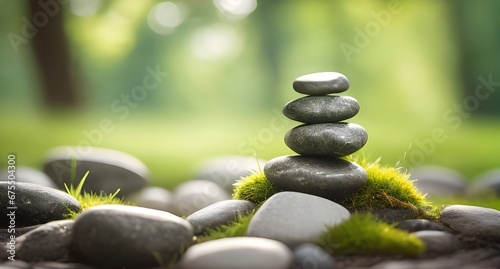 Pyramid of stones in a green forest. Zen harmony, balance, meditation concept. Generative AI