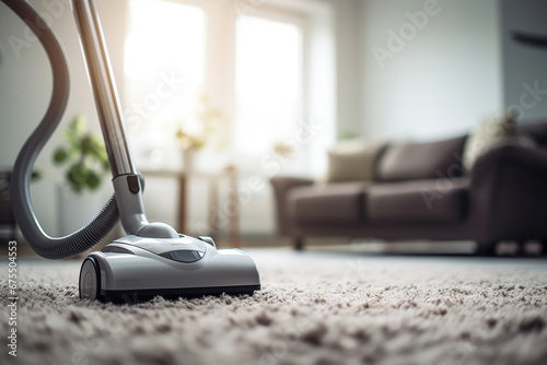 an electric vacuum cleaner on white carpet in living room photo