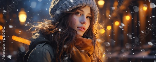 young woman in winter clothes and watching the Snow