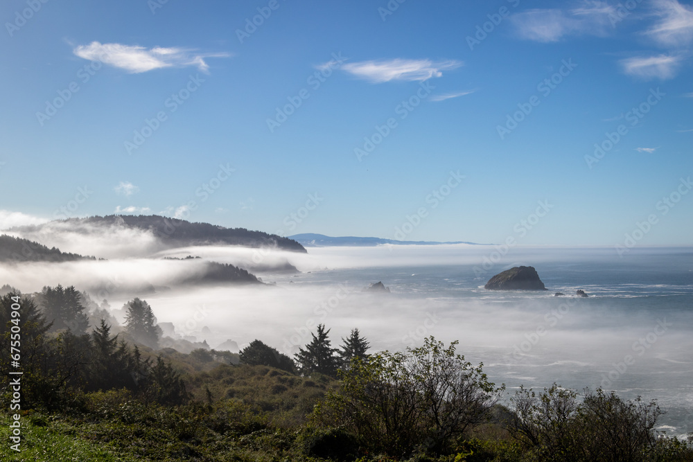 Naklejka premium Highway 101 overlook looking down at Wilson creek beach, Image shows a view on top of a hill with low level clouds passing through the hills on a autumn's morning 