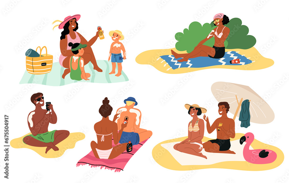 People protect skin from sun. Vacationers smear SPF cream. Oncological prevention. Ultraviolet irradiation. Sunbathing men or women at beach. Applying sunscreen lotion. Garish png set