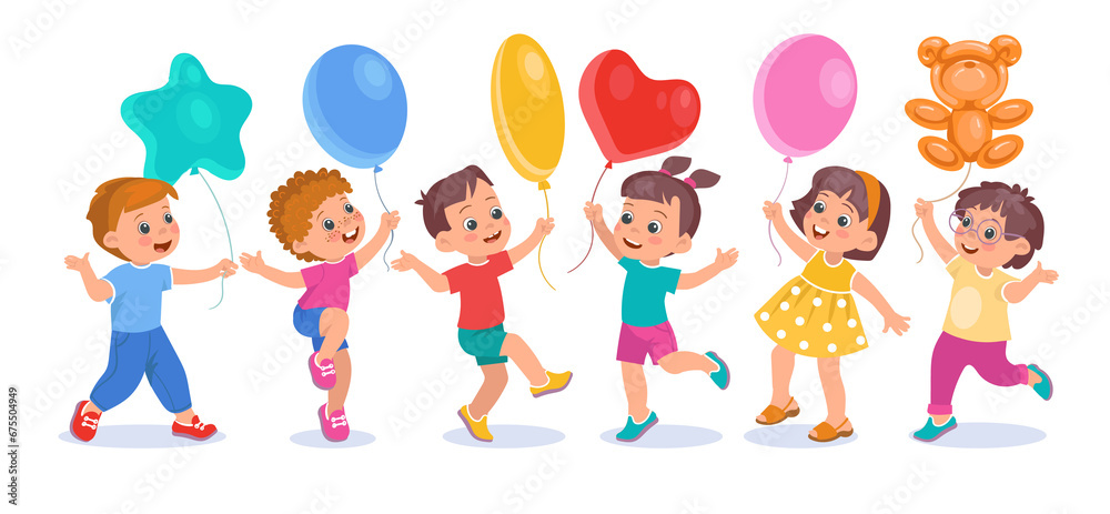 Children with balloons. Cute kids hold different shapes air balloons. Happy girls and boys with helium inflated toys. Birthday party. Funny little people happiness. Splendid png set Children with balloons. Cute kids hold different shapes air balloons. Happy girls and boys with helium inflated toys. Birthday party. Funny little people happiness. Splendid png set