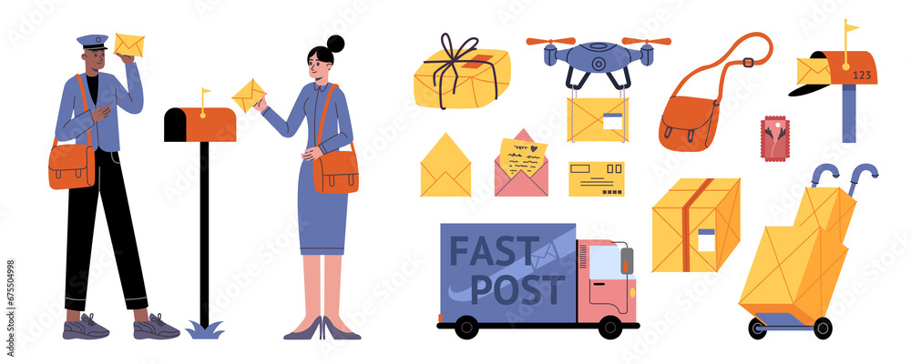 Cartoon postman and mail elements. Postal envelopes and boxes. Sending correspondence. Express delivery tools and transport. Parcels and letters shipping. Post office workers png set Cartoon postman and mail elements. Postal envelopes and boxes. Sending correspondence. Express delivery tools and transport. Parcels and letters shipping. Post office workers png set