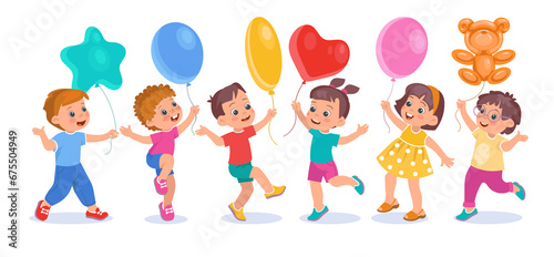 Children with balloons. Cute kids hold different shapes air balloons. Happy girls and boys with helium inflated toys. Birthday party. Funny little people happiness. Splendid png set
