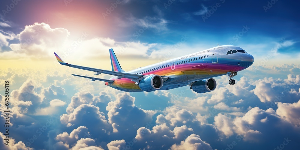 Airplane flying above amazing clouds in clear blue sky with rainbow and ...