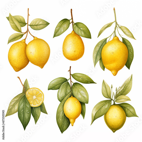 Lemon fruits with branch, slice and leaves, set watercolor illustration isolated on white background