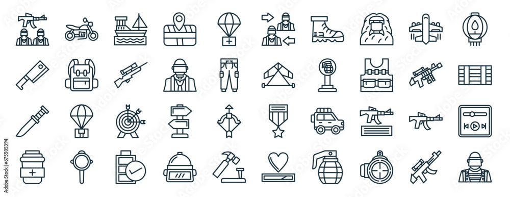 set of 40 outline web battle royale icons such as bike, cleaver ...