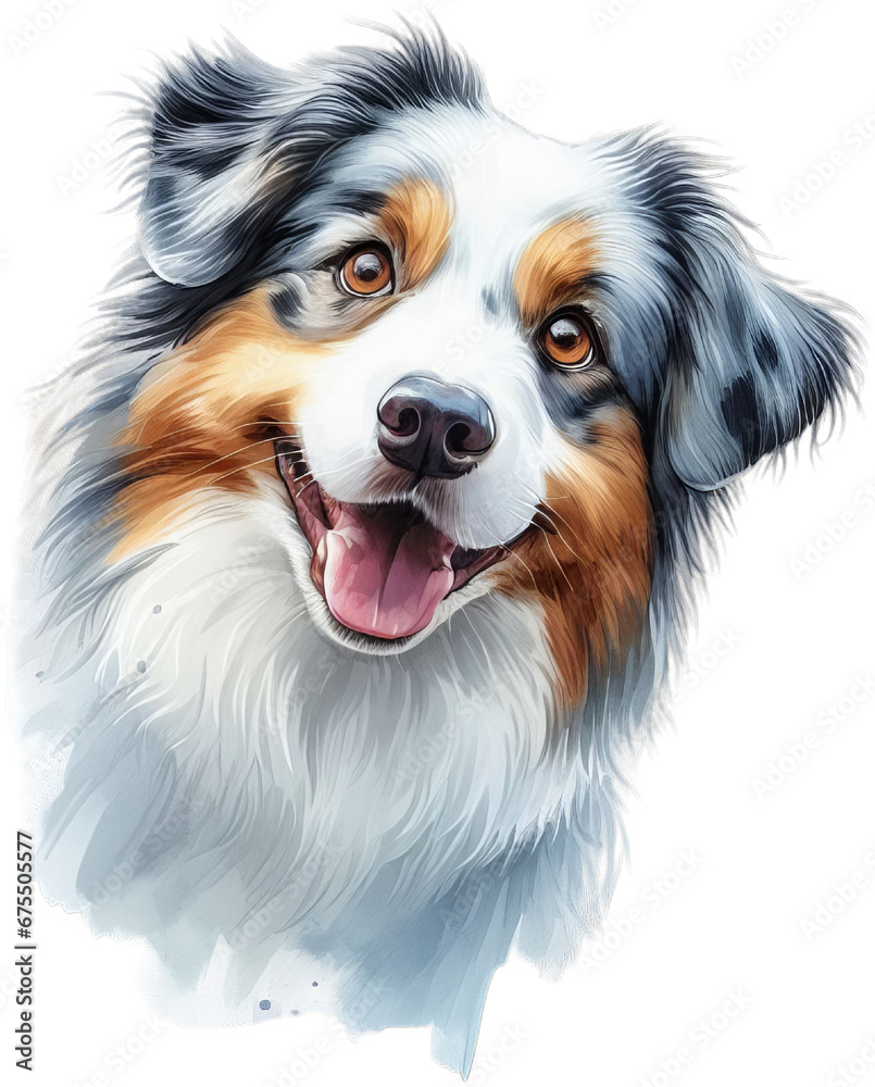 Australian Shepherd Elegance: Exquisite Watercolor Dog Illustration Showcasing the Grace of This Intelligent Breed