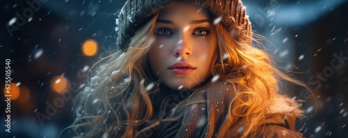 young woman in winter clothes and watching the Snow