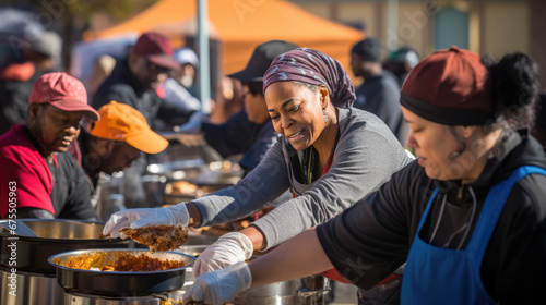A person smiles while volunteering, handing out food to a diverse community at an outdoor charity event.