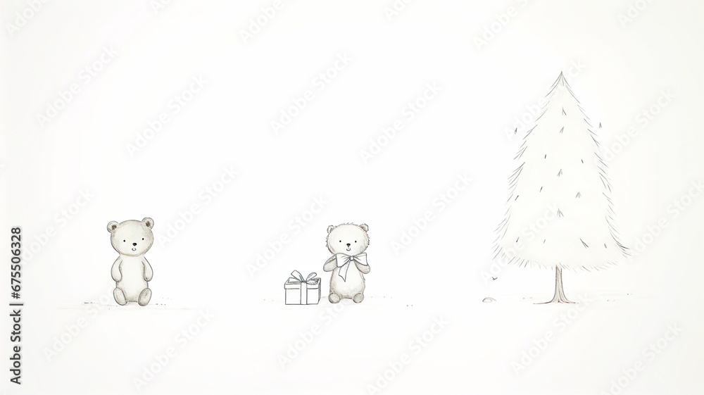 Very bright holiday background with a teddy bear and gift with copy space. Holiday wallpaper concept. AI generated.