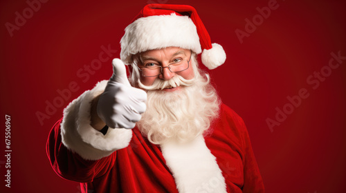 A cheerful Santa Claus in his traditional red attire gives a thumbs-up, exuding the festive spirit of Christmas with his jolly smile and snowy white beard.