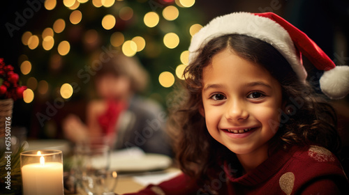 Young girl with a bright smile sitting at a table with candles lit and a Christmas tree in the background.