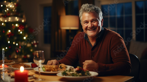 Cheerful man with gray hair in a brown sweater  sitting at a festive Christmas dinner table with a glass of wine  enjoying the cozy ambiance created by soft lighting and holiday decorations.